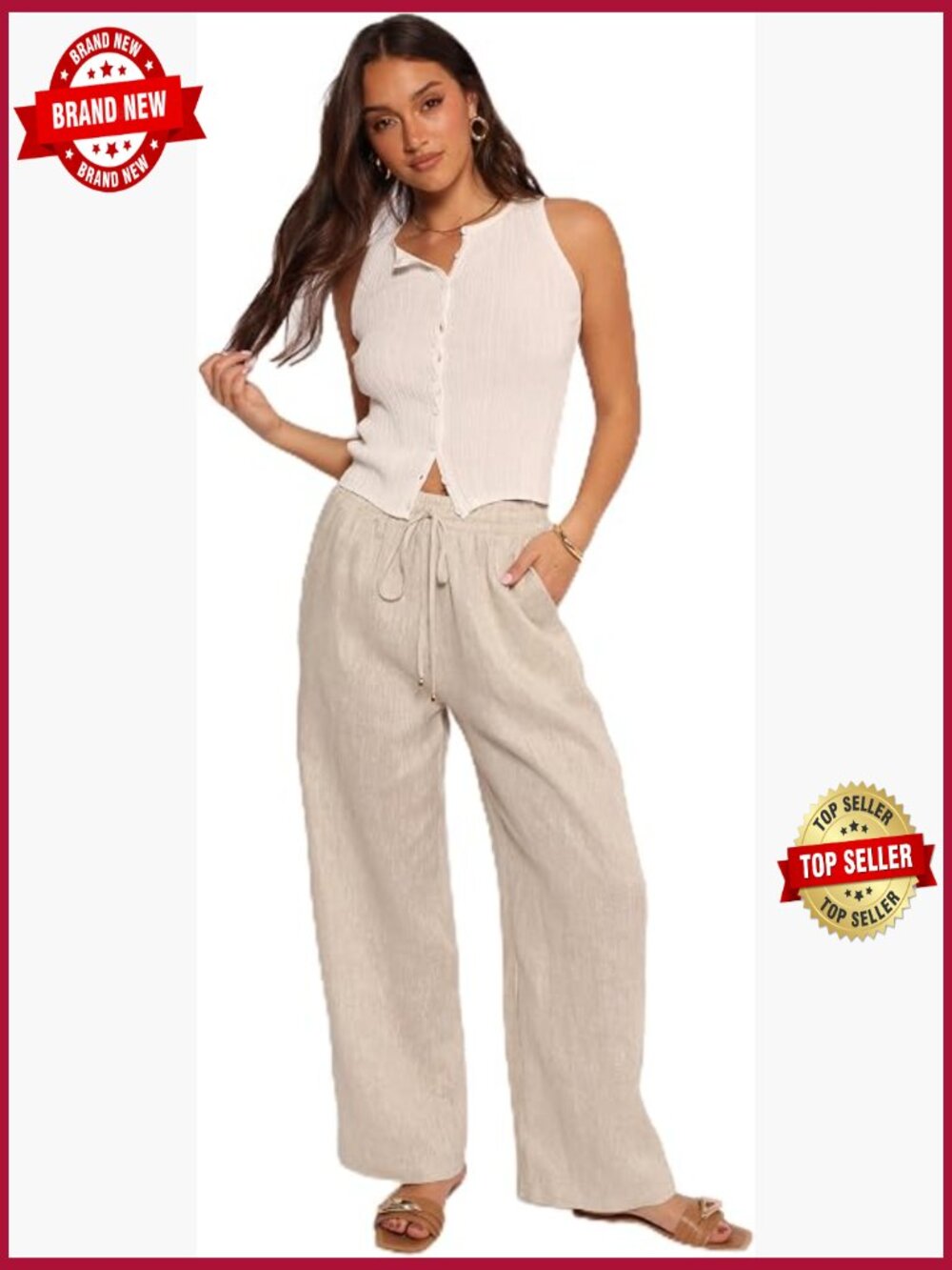 High Waist Elastic Wide Leg Linen Pants with Pockets